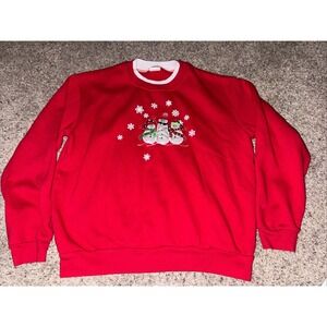 Vintage Top Stitch Sweatshirt‎ Women L Red Winter Snowman 90s Holiday Christmas